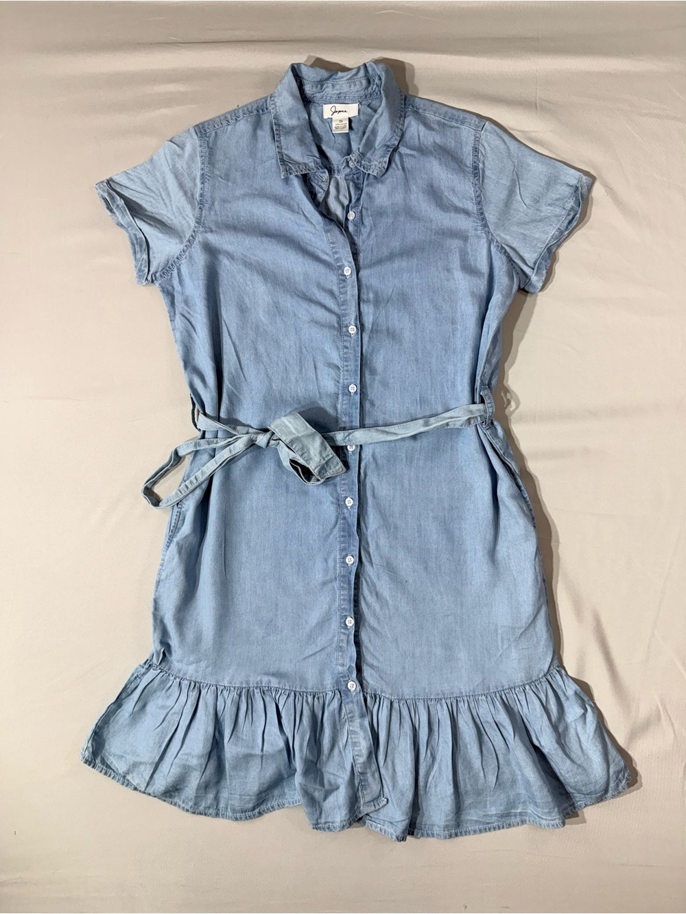 Japna Light Blue Chambray Coastal Shirt Dress with Tie Waist ruffle hem pockets
